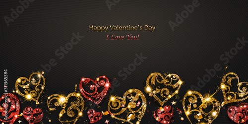 Valentine's day card with shiny hearts of red and golden sparkles with glares and shadows on dark background