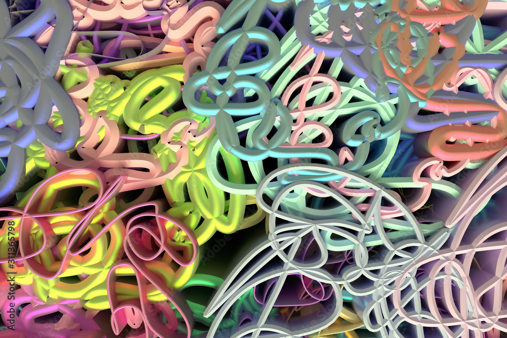 Abstract, messy colorful curve geometric lines. Wallpaper for graphic design. 3D render.