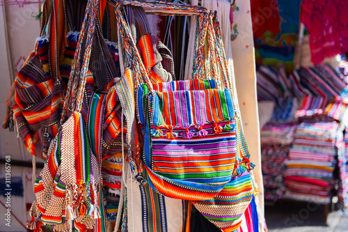 Multi-colored fabric bags, Asuncion, Paraguay. With selective focus.