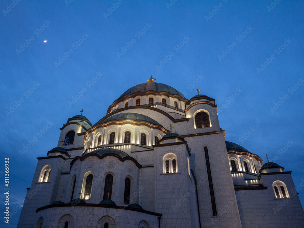 Saint Sava Cathedral Temple (Hram Svetog Save) in the early evening seen fron the outside. This orthodox church is one of the main monuments of the capital city of Belgrade