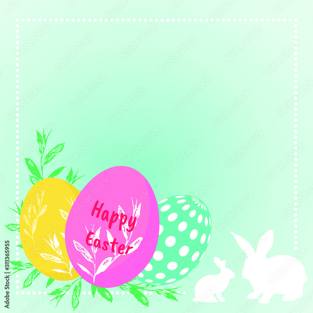 Green Easter greeting card with eggs and bunnies
