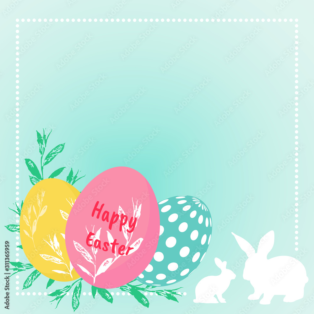 Green Easter greeting card with eggs and bunnies