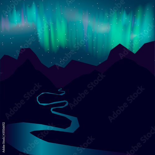 The mountains and the river, northern lights