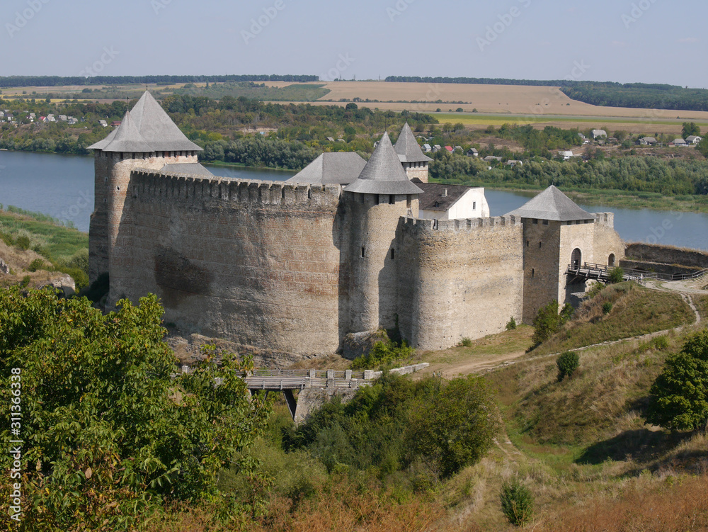 Khotyn fortress on the right bank of the Dniester River in western Ukraine. Main gate of Khotyn fortress.