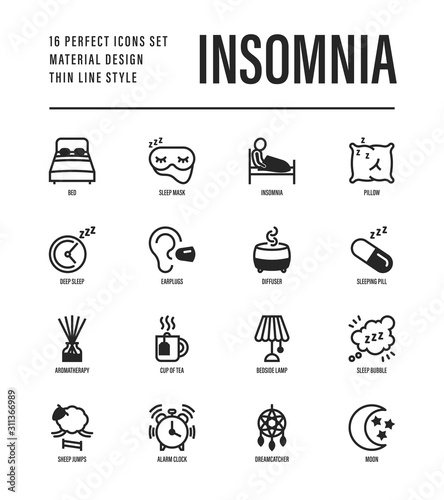 Insomnia thin line icons set. Alarm clock, sleeping mask, comfortable pillow, dreamcatcher, earplug, aroma diffuser, pills, sromatherapy, sheep jumping, tired man in bed. Vector illustration.