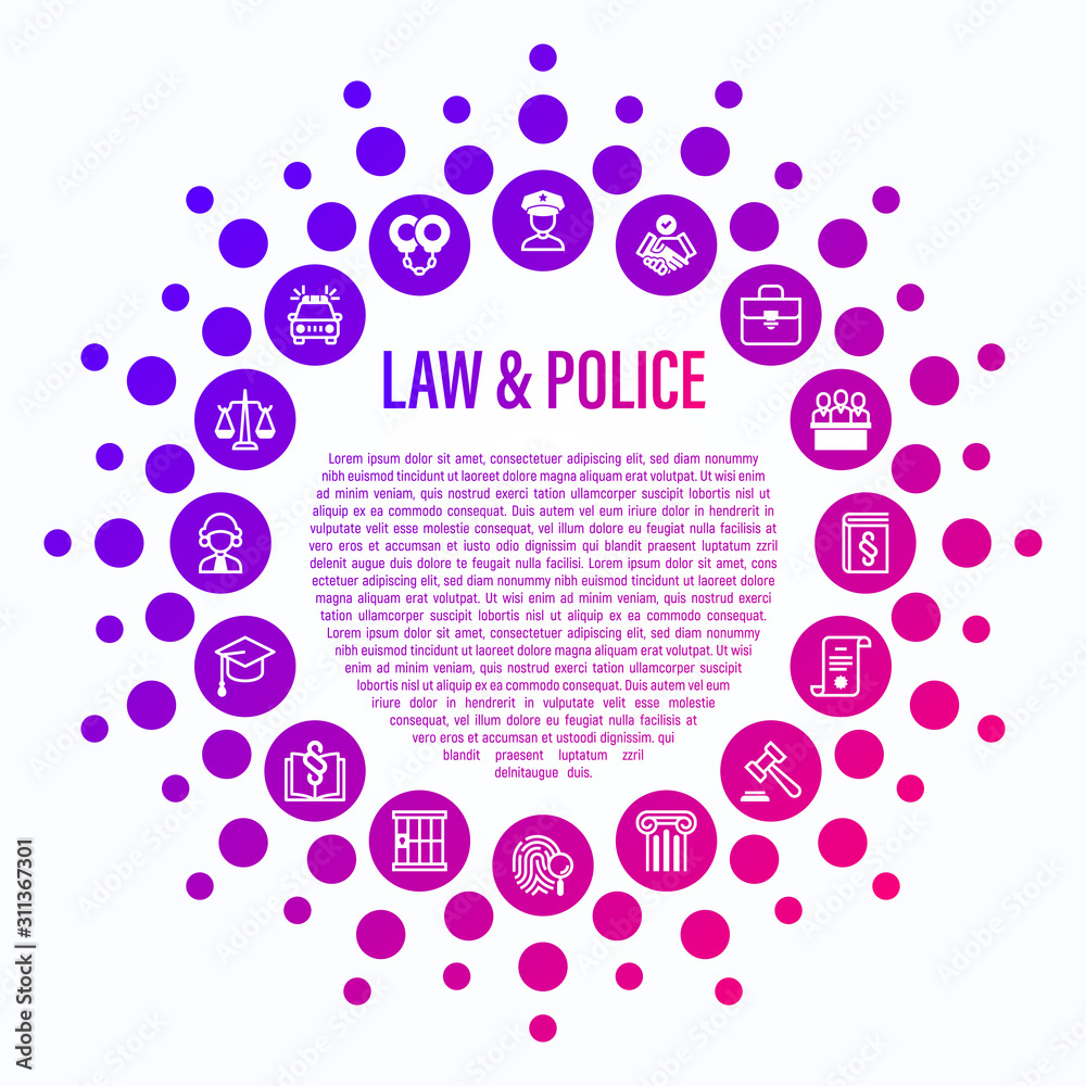 Law and police concept in circle shape. Policeman, judge, prosecutor, lawyer, court, prison, fingerprint, conviction, evidence flat line icons. Vector illustration, template for mailing. Law and police concept in circle shape. Policeman, judge, prosecutor, lawyer, court, prison, fingerprint, conviction, evidence flat line icons. Vector illustration, template for mailing.