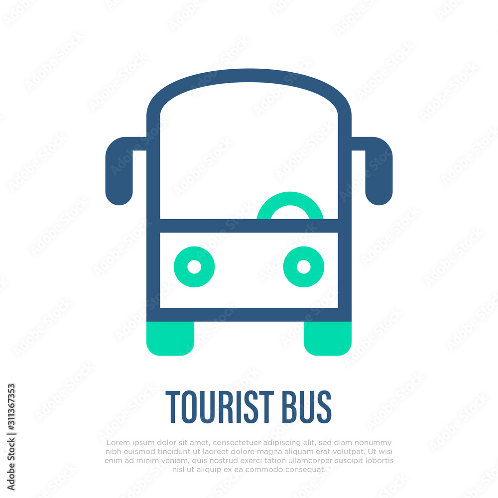 Tourist bus thin line icon, front view. Logo for public transport. Vector illustration.