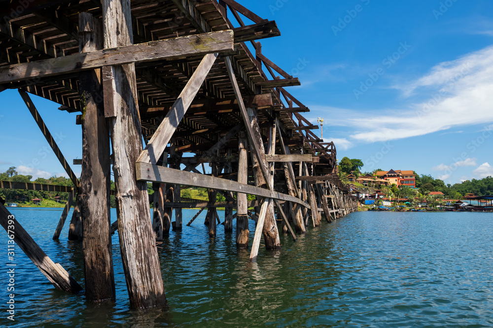 Mon wooden bridge with blue sky, Sangkhlaburi