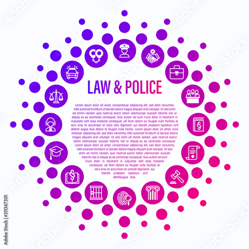 Law and police concept in circle shape. Policeman, judge, prosecutor, lawyer, court, prison, fingerprint, conviction, evidence flat line icons. Vector illustration, template for mailing.