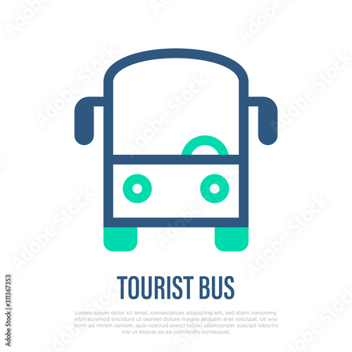 Tourist bus thin line icon, front view. Logo for public transport. Vector illustration.