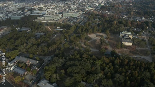 Nara Koen Aerial View at Sunrise, Tilt to reveal Japanese City in Background photo