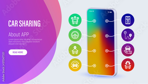 Car sharing web page template with copy space. Mobile app on smartphone: driver license, route, key, route, open and close car, sync thin line icons. Vector illustration for presentation.