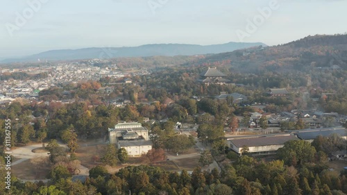 Aerial view of TodaiJi Temple in Nara-Koen Park, Nara, Japan. Pan shot photo