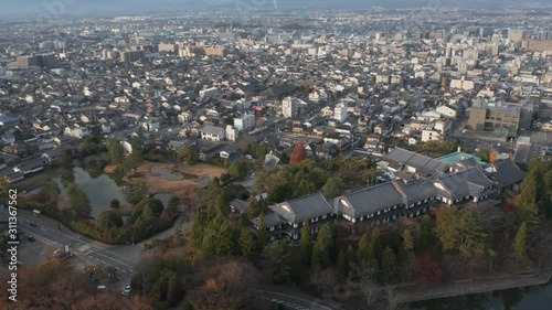 Aerial view of Nara, Japan, and famous deer Nara-Koen park. Slow pan photo
