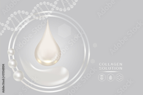 Hyaluronic acid skin solutions ad, white collagen serum drop with cosmetic advertising background ready to use, illustration vector.	