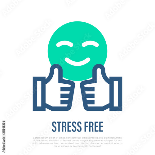 Stress free thin line icon. Thumbs up and smile. Good service symbol. Vector illustration.