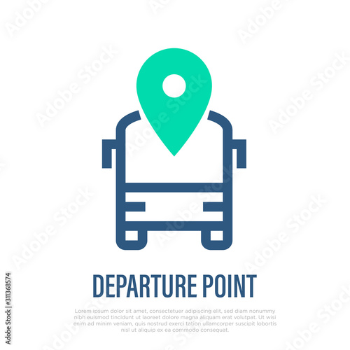 Departure point of bus thin line icon, front view. Schedule of public transport. Vector illustration.