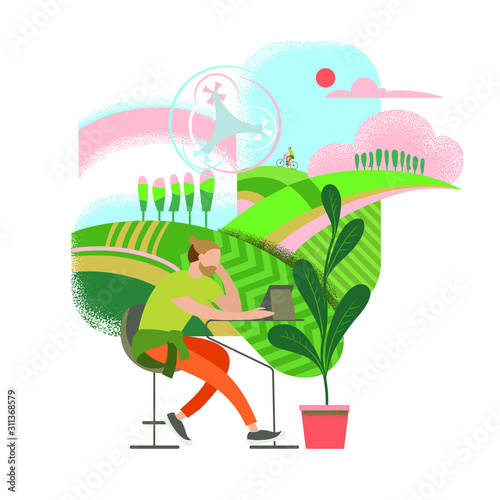 Colorful vector young man character  planning  summer vacations. 