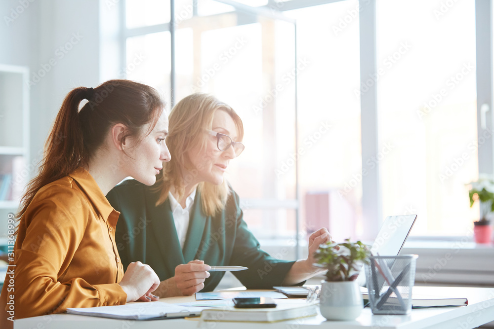 Mature businesswoman looking at monitor of laptop and discussing online presentation with her young colleague at the table Mature businesswoman looking at monitor of laptop and discussing online presentation with her young colleague at the table