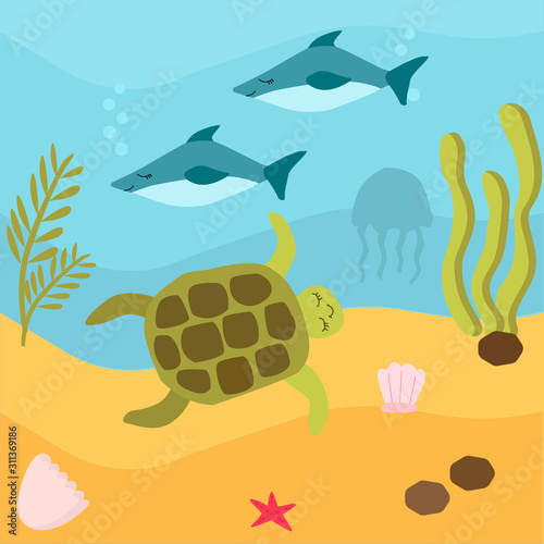 vector illustration. Underwater world, marine life of oceanic animals
