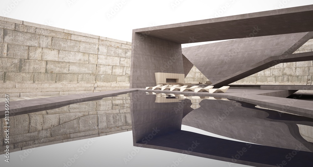 Abstract architectural concrete interior of a minimalist house with swimming pool. 3D illustration and rendering.