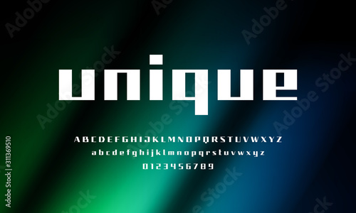 Straight contrast font. Vector alphabet with latin letters and numbers.