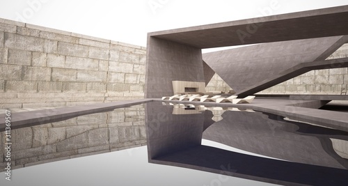 Obraz na płótnie Abstract architectural concrete interior of a minimalist house with swimming pool. 3D illustration and rendering. w salonie
