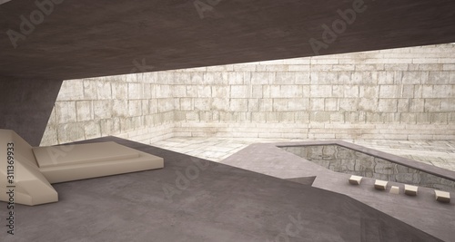 Abstract architectural concrete interior of a minimalist house with swimming pool. 3D illustration and rendering.