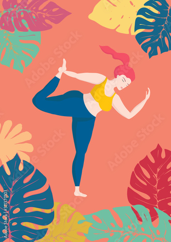 Vector illustration with happy european an oversized woman in yoga position on tropical monstera background. Sports and health body positive concept for postcard, yoga classes t-shirt active lifestyle