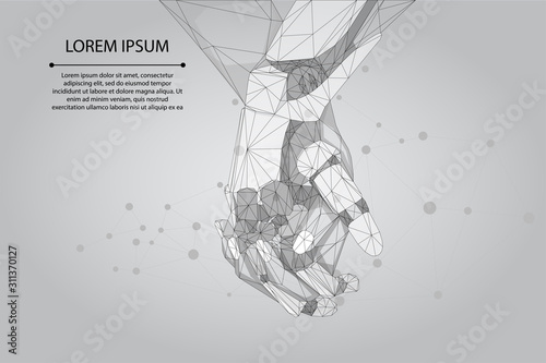 Abstract mash line and point human and robot hands together. Future technological business. Low poly artificial intelligence vector illustration