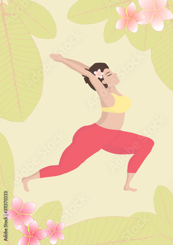Vector illustration with happy asian an oversized woman in yoga position on tropical exotic background. Sports and health body positive concept for postcard, yoga classes t-shirt active lifestyle