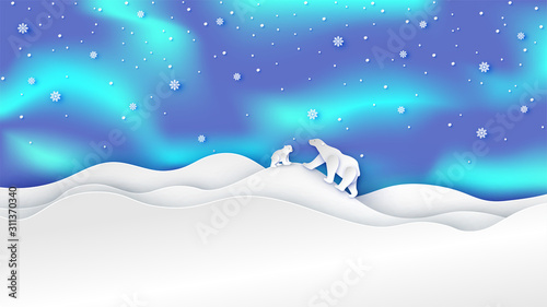 Illustration of mommy and baby polar bear living in north pole in winter with aurora on night sky. Landscape in north pole. paper cut and craft style. vector, illustration.