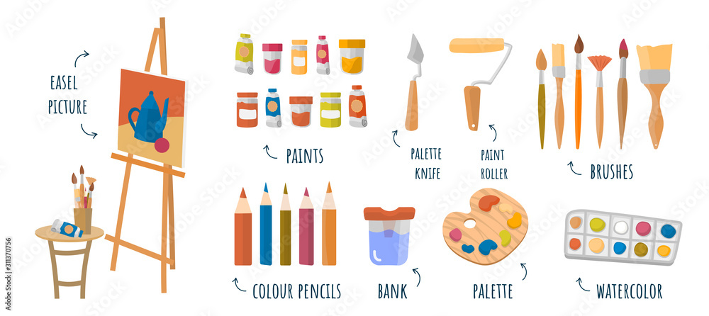 Flat vector infographic art studio, designing, drawing, art, education, creativity.Online courses, tutorials for mobile and web graphics. Paints, easel, brushes, palette knife, palette, pencils,paints