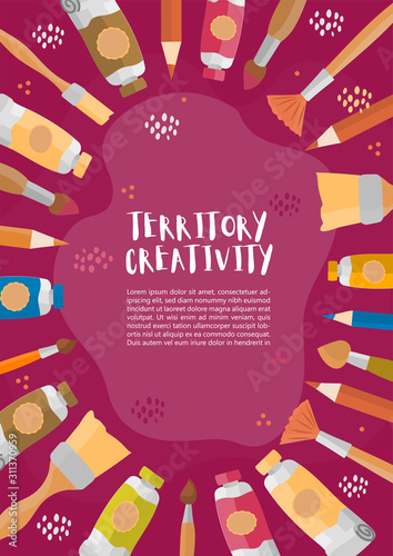 Vector banner, poster or frame background with hand drawn elements, paints, brushes, pencils and watercolor splash. Hand drawing illustration for design kids art, education, creativity class concept