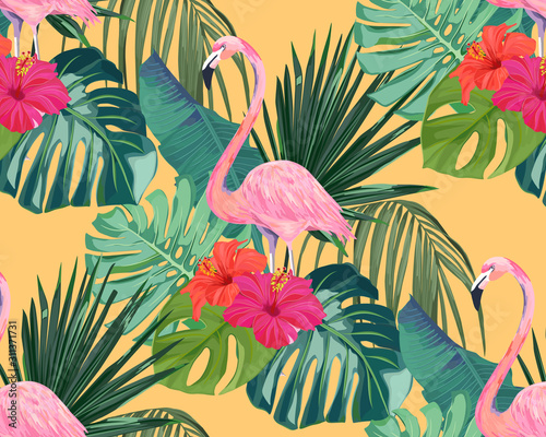 Tropical seamless pattern. Palm tree leaves, flower hibiscus and flamingo. Ve...