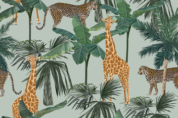 Papier peint photo Paysage patrons Jungle tropicale girafes léopards palmiers  © natikka