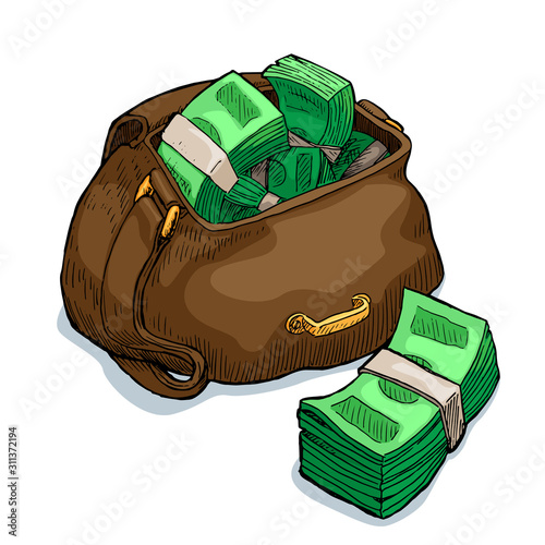 Open leather bag full of money.
