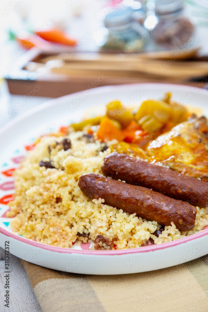 traditional moroccan dish couscous salad with Sausage traditional moroccan dish couscous salad with Sausage