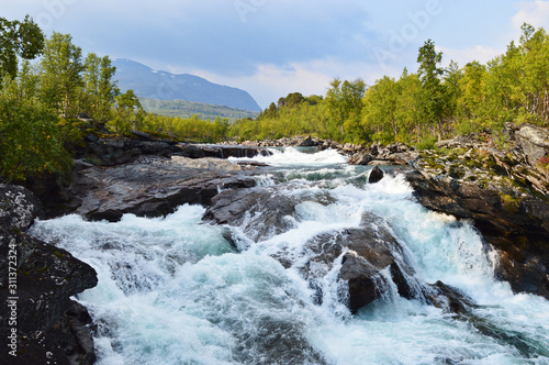 Wild river and rapids near Kungsleden trail in Abisko national Park, Sweden
