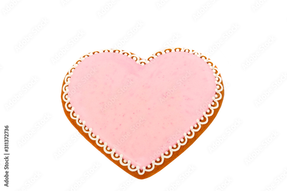Background from pink cookie heart shaped with different patterns, isolated
