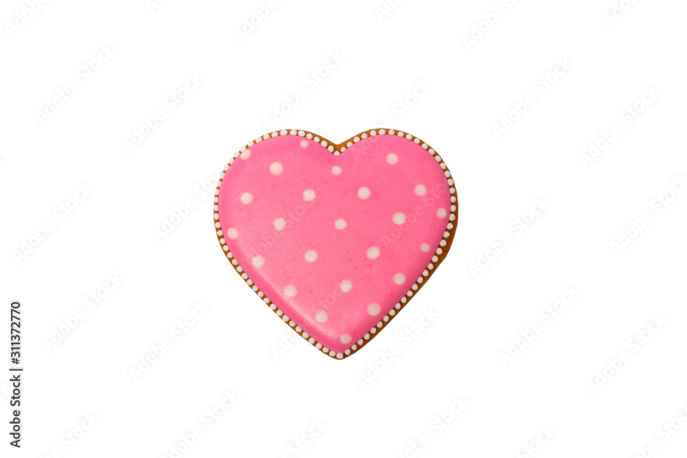Background from pink cookie heart shaped with different patterns, isolated