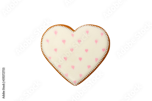 Background from pink cookie heart shaped with different patterns, isolated