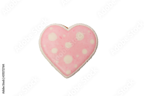 Background from pink cookie heart shaped with different patterns, isolated