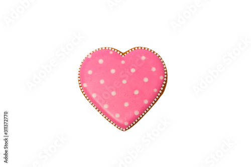 Background from pink cookie heart shaped with different patterns, isolated
