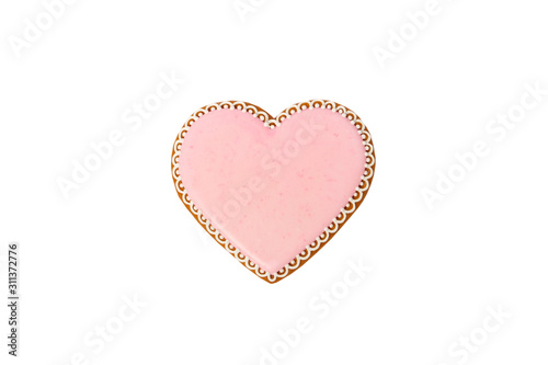 Background from pink cookie heart shaped with different patterns, isolated