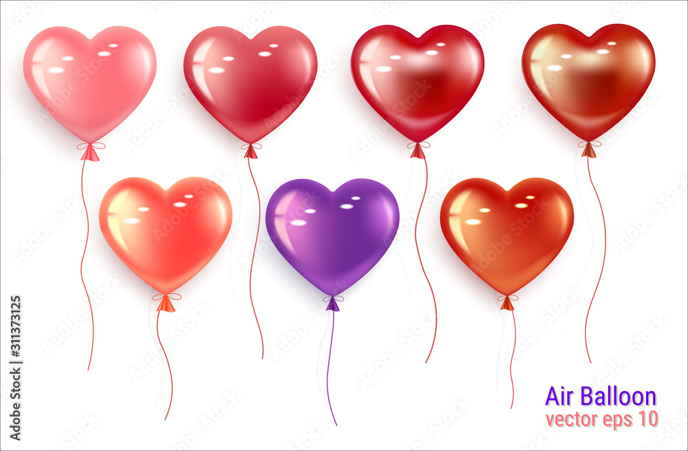 Set of festive balloons in the shape of a heart. Balls of pink, red and lilac flowers. Attributes for Valentine s Day, International Women s Day on March 8. Isolated on a white background. Vector