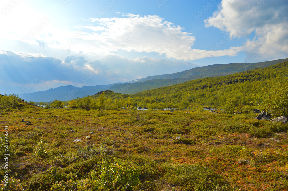 Beautiful nature and mountains during hike on kungsleden trail in national park Abisko, Sweden