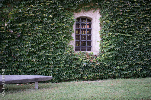 Medieval building with grass-covered walls