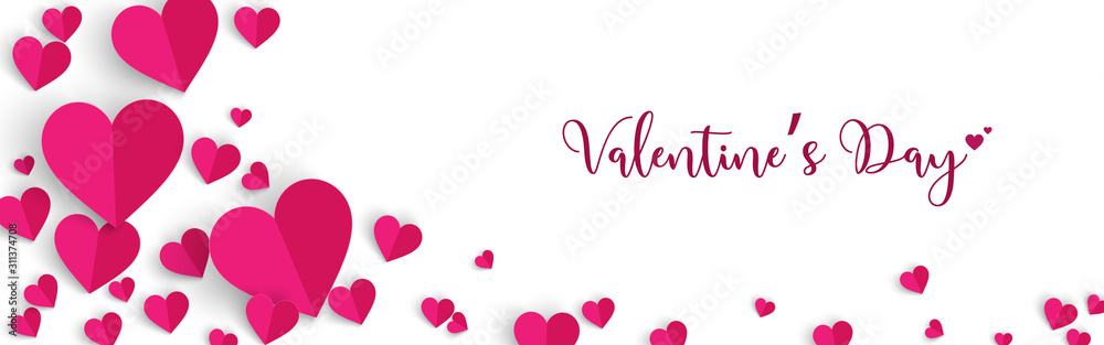 Horizontal Valentine's Day background design with pink hearts paper cut style