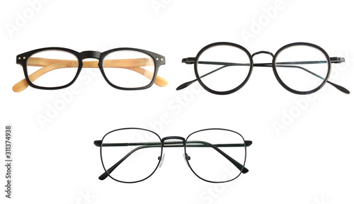 Set and collection of black glasses isolated on white background.